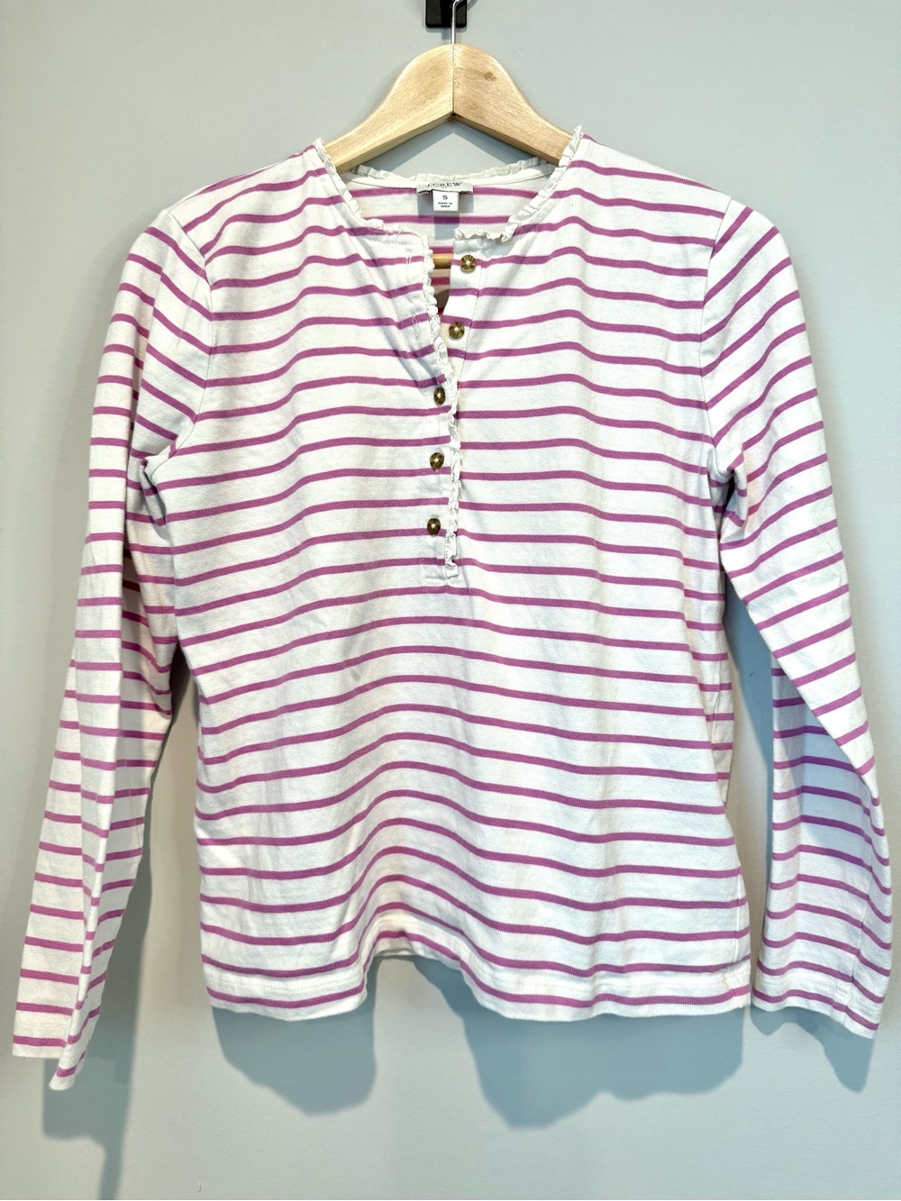 J Crew Striped Ruffle Trim Henley Long Sleeve Top - White & Purple